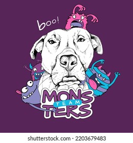 Portrait of the sad Pitbull dog with the cartoon monsters. Humor card, t-shirt composition, hand drawn style print. Vector illustration.