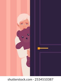 Retrato de un niño triste y asustado que mira desde detrás de la puerta de la habitación. Un niño con un oso de peluche. Ilustración plana de Vector