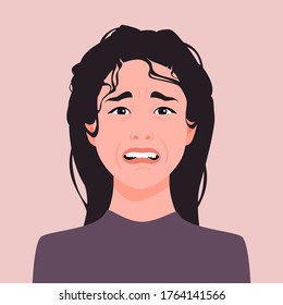 Retrato de una mujer triste. Miedo de pánico. Avatar para las redes sociales. Ilustración plana del vector