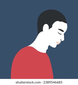 Portrait of sad young man. A sad guy stands with his head down. Vector illustration