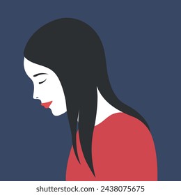 Portrait of sad young woman. A sad female stands with his head down. Vector illustration