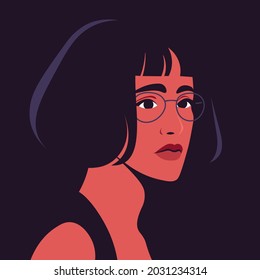 Portrait of a sad young woman in half turn with eyeglasses. Depression. Avatar for social networks. Vector illustration in flat style.