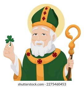 Portrait of Saint Patrick with his bishop's robes and holding a shamrock. Illustration in cartoon style over white background.