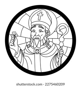 Portrait of Saint Patrick inside circle like stained glass. Illustration in outlines for coloring.