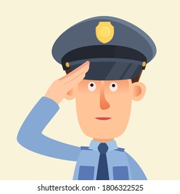 Portrait of a saluting policeman. Police officer greeting. Vector illustration, flat design cartoon style, isolated background.