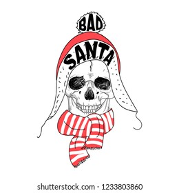 Portrait of Santa Claus. Santa claus cartoon skull. Lettering Bad Santa. Hand drawn typography for greeting card, postcard, poster, invitation, flyer, booklet. X-mas t-shirt illustration.