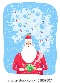 Portrait of Santa Claus with a cup of coffee. Vector illustration on a blue background. Great holiday gift card for Christmas and New Year.