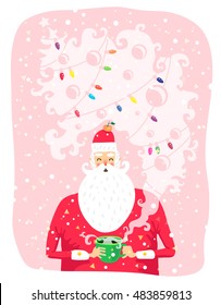 Portrait of Santa Claus with a cup of coffee. Vector illustration on a pink background. Great holiday gift card for Christmas and New Year.