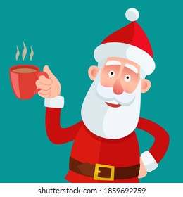 Portrait of Santa Claus drinking hot chocolate. Santa claus is resting and enjoying coffee. Vector illustration, flat design, cartoon style, isolated background.