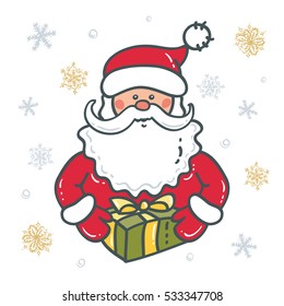 Portrait of Santa Claus with gift the background of snowflakes. Elements for Christmas design. Vector illustration  