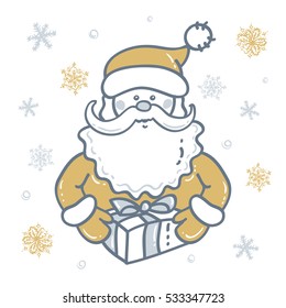Portrait of Santa Claus with gift the background of snowflakes in gold - silver tones. Elements for Christmas design. Vector illustration 2020