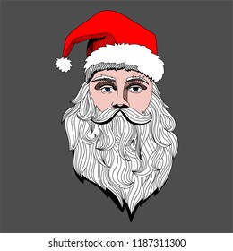 Portrait of Santa Claus head. Vector hand drawn