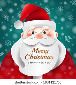 Portrait of Santa Claus with an inscription on his beard. Merry Christmas New Year greetings.