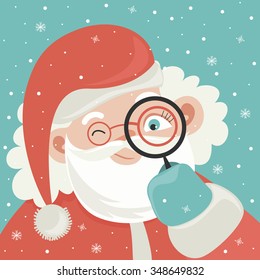 Portrait of Santa Claus with magnifying glass. Vector illustration