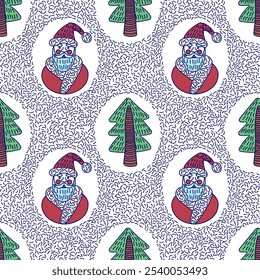 Portrait of Santa Claus in an oval frame and Christmas trees. Seamless background for fabrics, textiles, packaging and wallpaper. Vector illustration