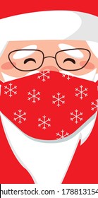 Portrait of Santa Claus wearing a medical protective mask against coronavirus during quarantine. Surgical red mask with snowflake pattern. Remote New Year and Christmas 2021. Vector flat illustration.