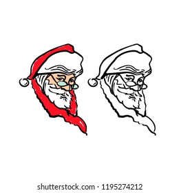 Portrait of Santa in a hat and glasses. Santa Claus head. Christmas symbol hand drawn illustration sketch. Vector artwork. Template for your design works.