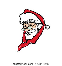 Portrait of Santa in a hat and glasses. Santa Claus head. Christmas symbol hand drawn illustration sketch. Vector artwork. Template for your design works.