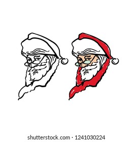 Portrait of Santa in a hat and glasses. Santa Claus head. Christmas symbol hand drawn illustration sketch. Vector artwork. Template for your design works.