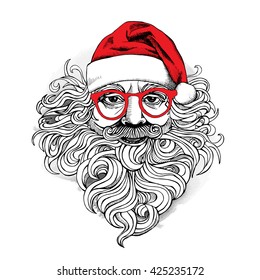 Portrait of a Santa in a hat and in a glasses. Vector illustration.