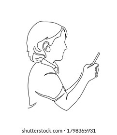 Portrait of a satisfied cute little kid playing games on smartphone isolated over white background. One line drawing of a little boy using smartphone. Concept of young generation, Continuous One Line 