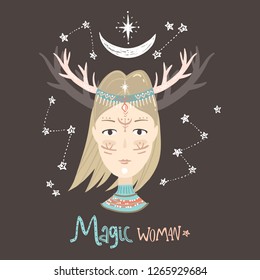 Portrait of a Scandinavian girl with elk horns and a pattern on her face. Folk motives. Beautiful avatar, romantic mysterious theme.