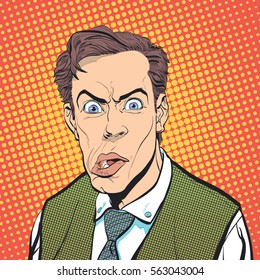 Portrait of scared  man. Scared businessman. Surprised man. Concept idea of advertisement and promo. Pop art retro style illustration. People in retro style. Halftone background. Man's face.
