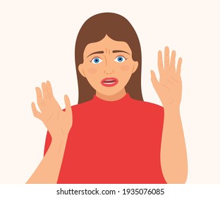 Portrait Of Scared, Panicked Woman With Horror Face And Two Hand Gestures, Isolated On Background. Cartoon Character Girl Frightening, Terrified, Panic, Shocked Facial Expression Vector Illustration