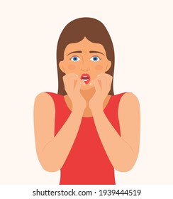 Portrait of scared, panicked woman with horror face and two hand gestures, isolated on background. Cartoon character girl frightening, terrified, panic, Shocked facial expression vector illustration