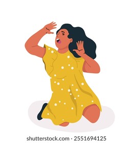 Portrait of scared, panicked woman with horror face and two hand gestures, isolated on background. Character girl frightening, terrified, panic, shocked facial expression vector illustration