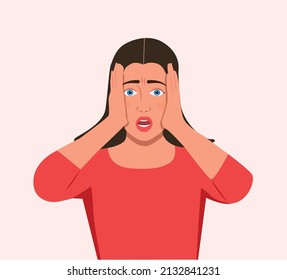 Portrait of scared, panicked woman with two hands gestures, isolated on white background. Cartoon character beautiful girl dissatisfied, terrified, panic, shocked facial expression vector illustration