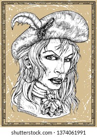 Portrait of scary pirate captain with scar on face on texture background. Hand drawn engraved vector illustration of sailor, seaman or seafarer in old vintage style