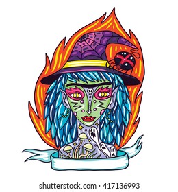 Portrait of scary witch with tattoo illustration.