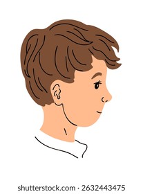 Portrait of a school age boy. Face in profile. The child is brown-haired. Cartoon vector illustration isolated on white background