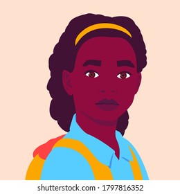 Portrait of a schoolgirl with a backpack close up. Colorful vector illustration in flat cartoon style.