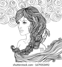 Portrait Scorpio astrological sign as beautiful girl  Zodiac vector illustration isolated white  Future telling  horoscope  alchemy  spirituality  occultism  woman and braid   feathers 
