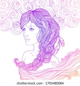 Portrait of Scorpio astrological sign as a beautiful girl. Zodiac vector illustration isolated on white. Future telling, horoscope, alchemy, spirituality, occultism. woman with braid and feathers.