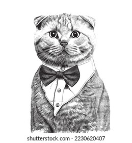 Portrait of scottish fold cat in bow tie gentleman sketch hand drawn sketch, engraving style vector illustration.