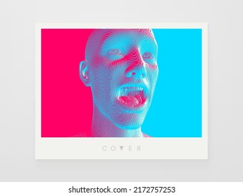 Portrait of screaming man with wide open mouth. Shock and awe. Full of emotions. Voxel art. 3D vector illustration.