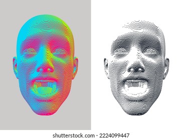 Portrait of screaming man with wide open mouth. Shock and awe. Full of emotions. Voxel art. 3D vector illustration.