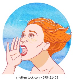 Portrait of a screaming young girl with tousled hair on the background of the watercolor circle