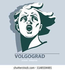 Portrait. Sculpture. Motherland is calling. Poster. Green Linear Image. The symbol for Volgograd. Russian Federation.Illustration, gray background.Use presentations, corporate reports, emblems, vector