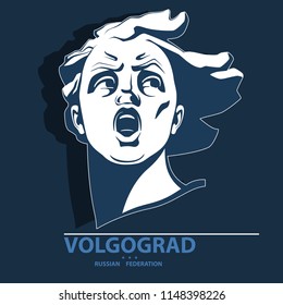 Portrait. Sculpture. Motherland is calling. Poster. Blue Linear Image. The symbol for Volgograd. Russian Federation.Illustration, dark background.Use presentations, corporate reports, emblems, vector