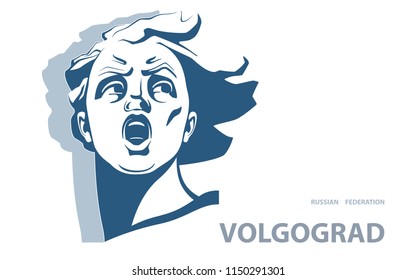Portrait. Sculpture. Motherland is calling. Poster. Blue Linear Image. The symbol for Volgograd. Russian Federation.Illustration, white background.Use presentations, corporate reports, emblems, vector