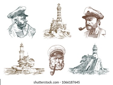 Portrait of a sea captain. Marine old sailor and Lighthouse. Bluejacket, whistle and seaman with beard or men seafarer. travel by ship or boat. engraved hand drawn vintage sketch. Boatswain with pipe.