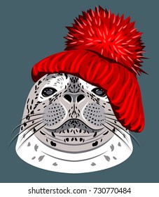 Portrait of a seal, in a knitted red hat with a pompon and scarf
