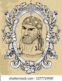 Portrait of seaman, pirate captain or boatswain smoking pipe on texture background. Hand drawn engraved vector illustration of sailor, seaman or seafarer in old vintage style