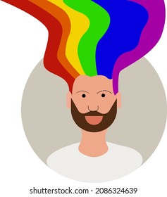 Portrait of a seated guy with a rainbow hairstyle. Lgbt person icon.