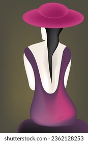 A portrait of a seated woman wearing a backless dress and a stylish hat is featured.