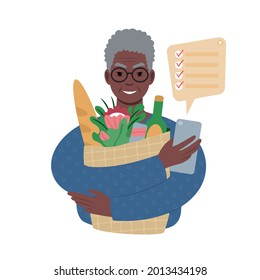 A portrait of a senior african man holding up a paper bag filled with groceries and a smartphone with a checked shopping list. Storing a to do list on a phone or using an organiser app. Flat style
